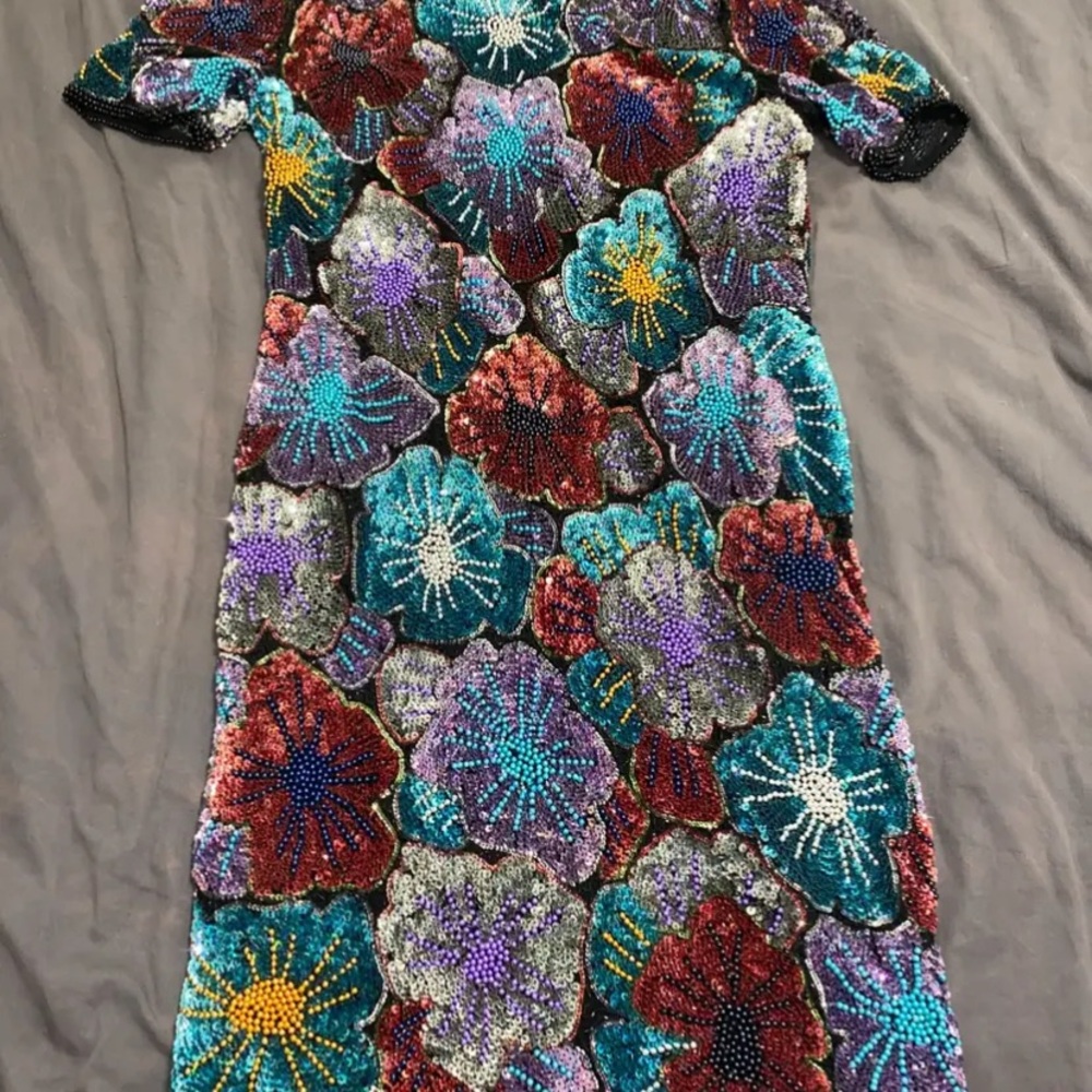 Vintage Hand-Beaded Silk Floral Dress, Medium